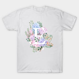 botanical monogram alphabet E hydrangea flowers T-Shirt